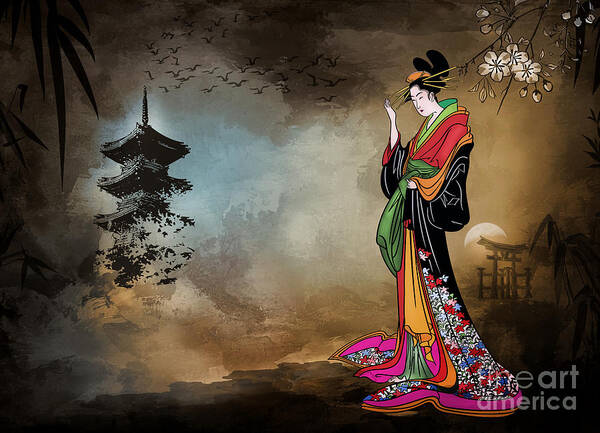 Geisha Art Print featuring the digital art Japanese girl with a landscape in the background. by Andrzej Szczerski