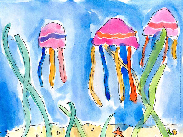 Undersea Art Print featuring the painting Jellyfish by Emily Graham Age Six
