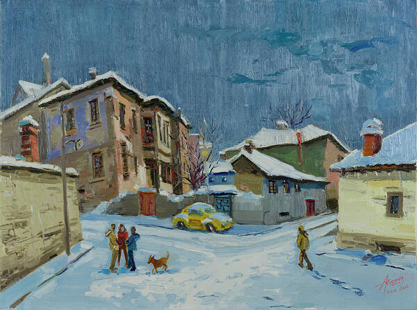 Korca Art Print featuring the painting Joy of snow in Korca, Albania by Azem Kucana