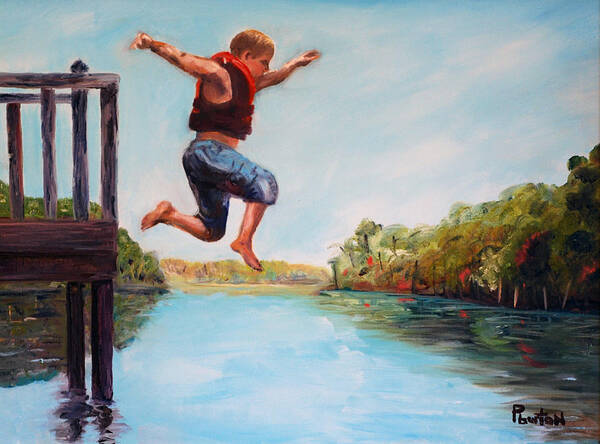 River Art Print featuring the painting Jumping In The Waccamaw River by Phil Burton