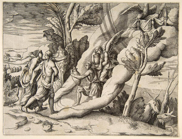 Giulio Bonasone Art Print featuring the drawing Jupiter and Juno being received in the heavens by Ganymede and Hebe by Giulio Bonasone