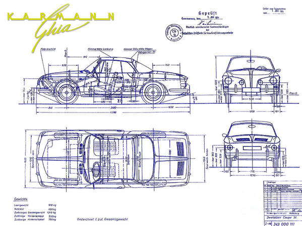 Karmann Ghia Art Print featuring the photograph Karmann Ghia Blueprint by Jon Neidert