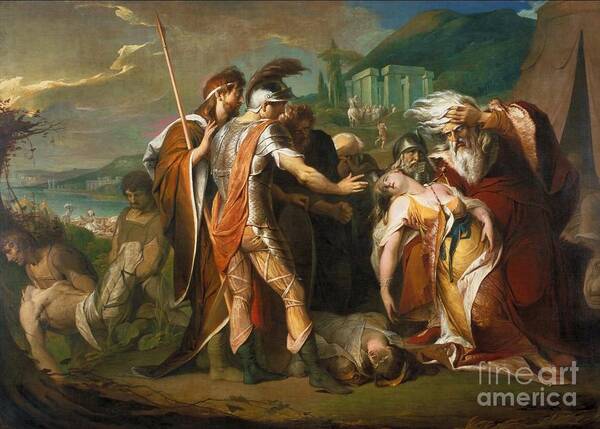 James Barry - King Lear Weeping Over The Dead Body Of Cordelia Art Print featuring the painting King Lear Weeping over the Dead Body of Cordelia by MotionAge Designs