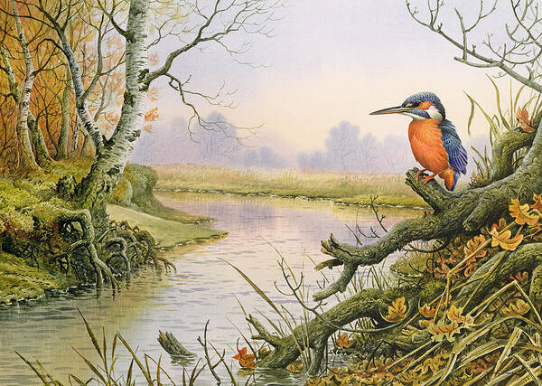 Kingfisher Art Print featuring the painting Kingfisher Autumn River Scene by Carl Donner