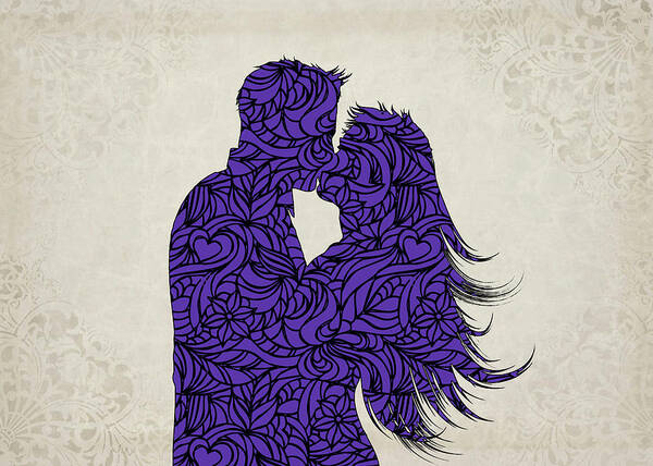 Couple Art Print featuring the digital art Kissing Couple Silhouette Ultraviolet by Ricky Barnard