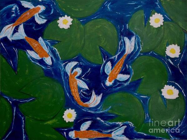 A Art Print featuring the painting Koi Fish with Giant Lily Pads by Catalina Walker