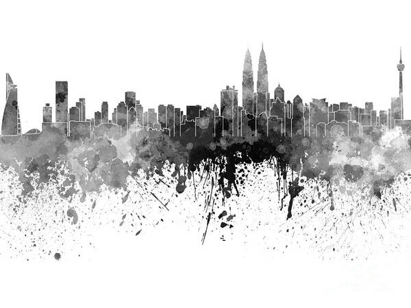 Kuala Lumpur Skyline In Black Watercolor On White Background Art
