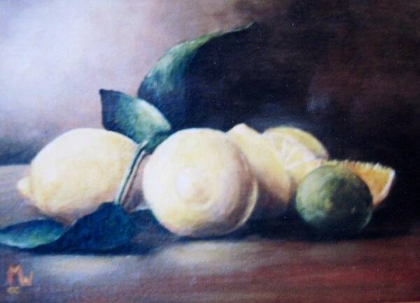 Fruit Art Print featuring the painting Lemons and a lime by Megan Walsh