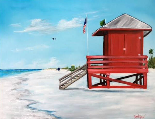 Lifeguard Shack Art Print featuring the painting Let's Meet At The Red Lifeguard Shack by Lloyd Dobson