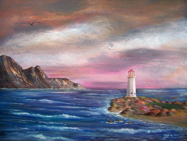 Seascape Art Print featuring the painting Lighthouse at Sunset by Tony Rodriguez