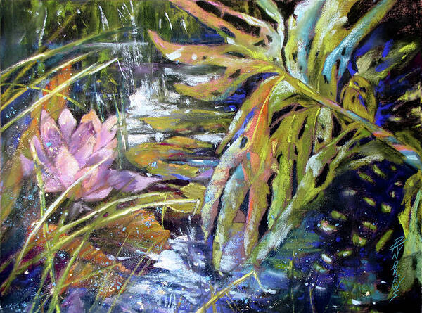 Landscape Art Print featuring the painting Lily Pond Light Dance by Rae Andrews