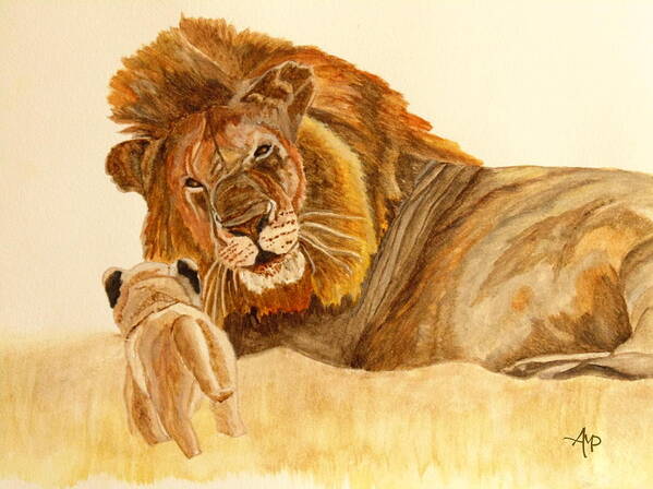 Lion Art Print featuring the painting Lion Watercolor by Angeles M Pomata