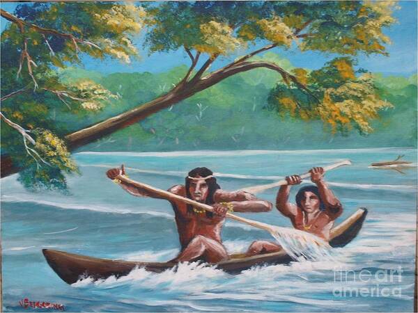 Natives Art Print featuring the painting Locals rowing in the Amazon River by Jean Pierre Bergoeing