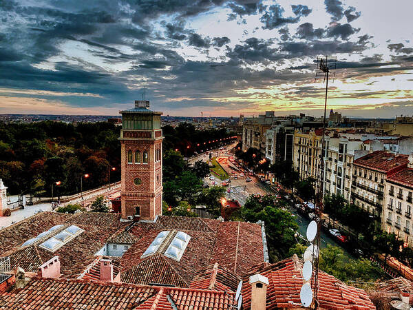 Madrid Spain Sunset City Dusk Sky Roof Art Print featuring the photograph Madrid Sunset by Nora Martinez