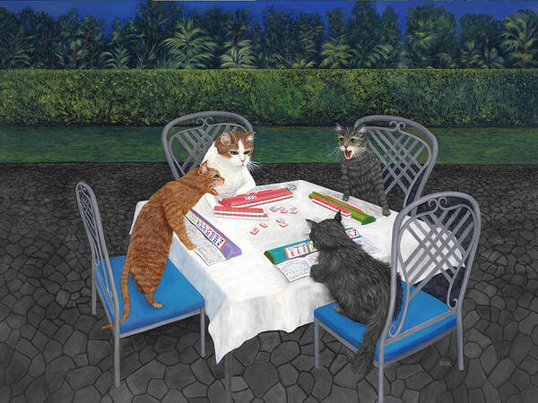 Cat Art Art Print featuring the painting Meowjongg - Cats playing Mahjongg by Karen Zuk Rosenblatt