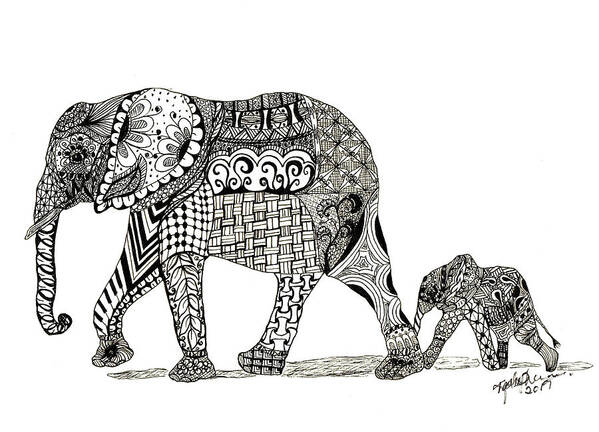 Elephant Art Print featuring the drawing Momma and Baby Elephant by Kathy Sheeran