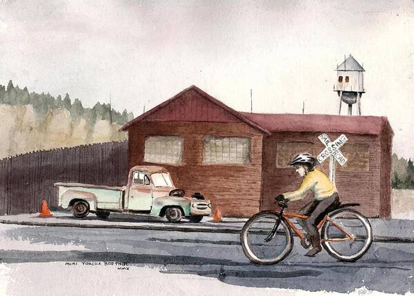 Bicycling Art Print featuring the painting Monday commute by Mimi Boothby