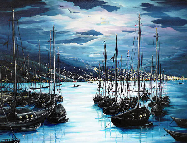 Ocean Painting  Caribbean Seascape Painting Moonlight Painting Yachts Painting Marina Moonlight Port Of Spain Trinidad And Tobago Painting Greeting Card Painting Art Print featuring the painting Moonlight Over Port Of Spain by Karin Dawn Kelshall- Best