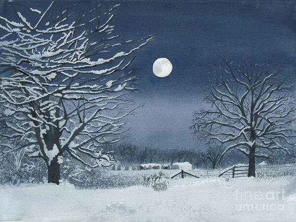 Moon Art Print featuring the painting Moonlit Snowy Scene on the Farm by Conni Schaftenaar