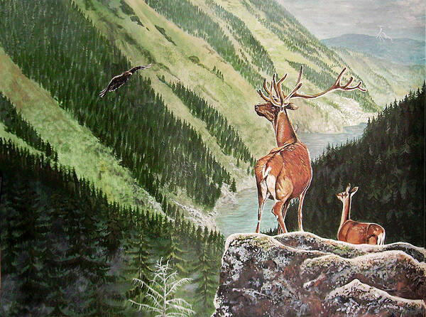 Deer Art Print featuring the painting Mountain Morning by Arie Van der Wijst
