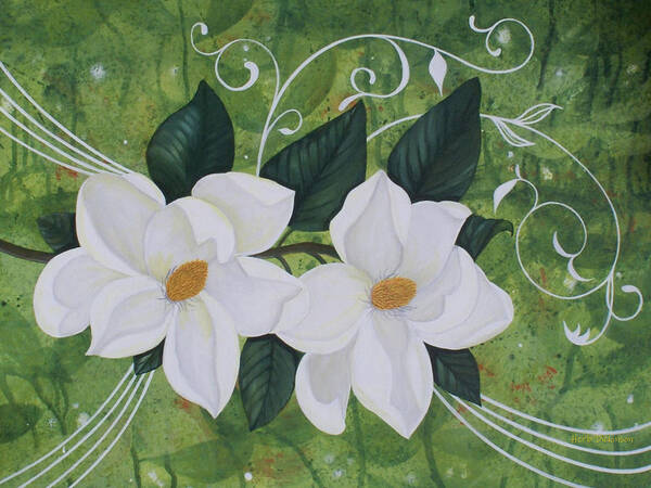 Modern Art Print featuring the painting Mystical Magnolias II by Herb Dickinson