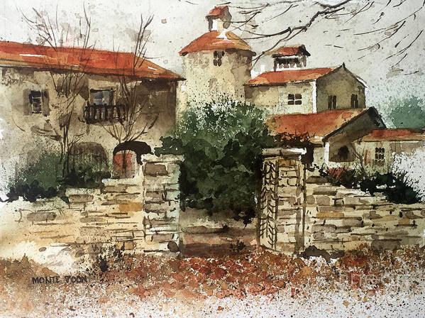 A Rustic Gate Opens To A Rural Villa. Art Print featuring the painting Neighbors Gate by Monte Toon