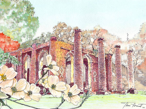 Ruins Art Print featuring the painting New Dogwoods at Old Sheldon - Revisited by Thomas Hamm