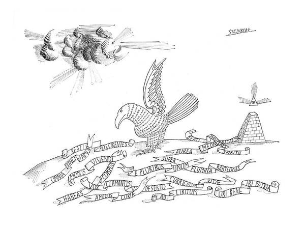 73706 Sst Saul Steinberg (eagle On Plain Is Surrounded By Banners With Latin Words And Phrases: 'ad Libitum Art Print featuring the drawing New Yorker October 26th, 1968 by Saul Steinberg