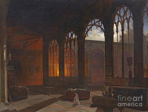 A. E. Haffer Art Print featuring the painting Night Scene with a Monk in a Gothic Cloister by MotionAge Designs