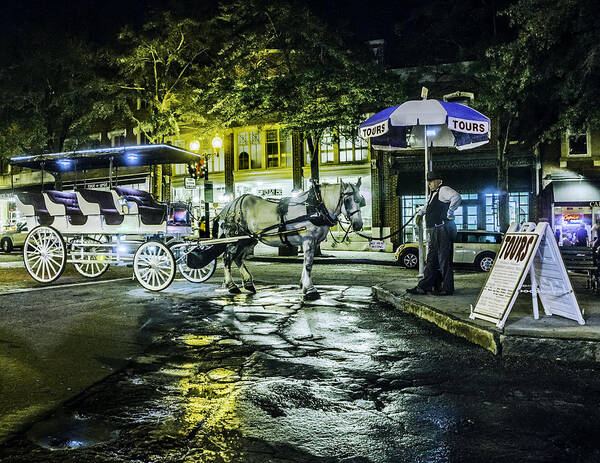 Wilmington's Riverfront Was Named The best American Riverfront By Usa Today.it Is Minutes Away From Nearby Beaches. Tours Art Print featuring the photograph Night tours by horse drawn carriage. by WAZgriffin Digital