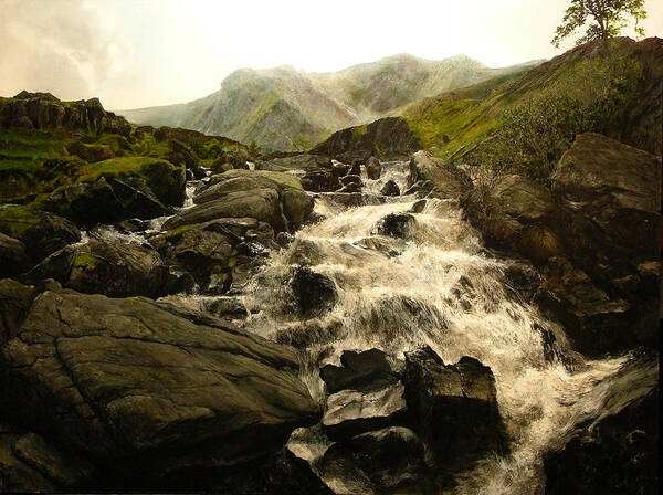 Landscape Art Print featuring the painting Ogwen Falls by Harry Robertson