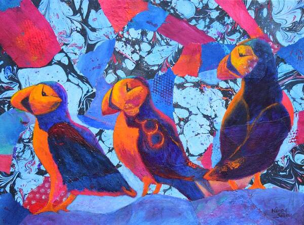 Puffins Art Print featuring the painting Oh Those Puffins by Nancy Jolley