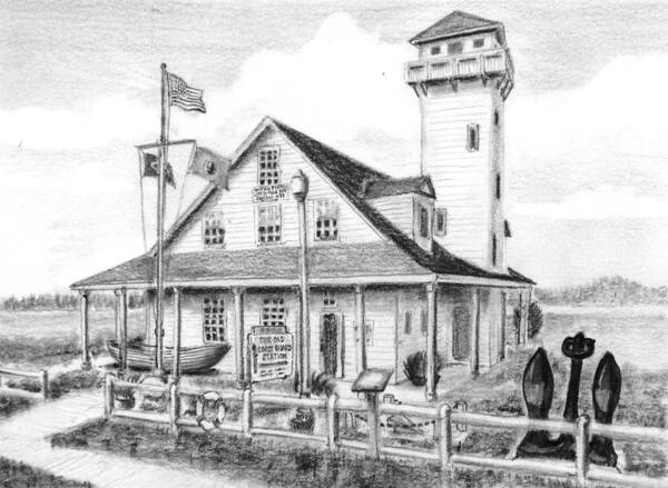 Coast Guard Art Print featuring the drawing Old Coast Guard Station by Vic Delnore