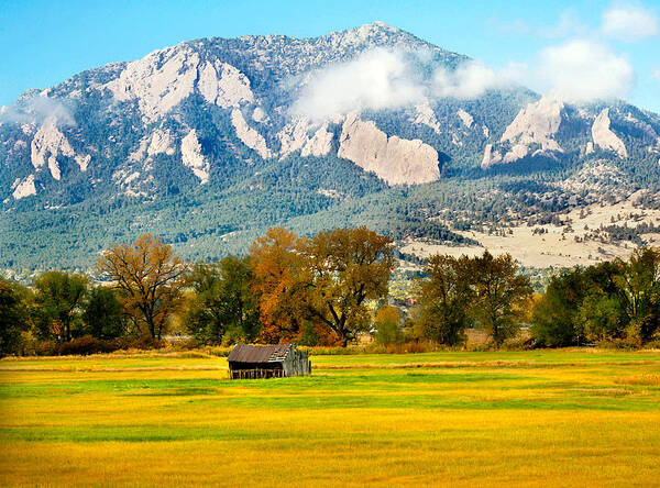 Rural Art Print featuring the photograph old shed against Flatirons by Marilyn Hunt