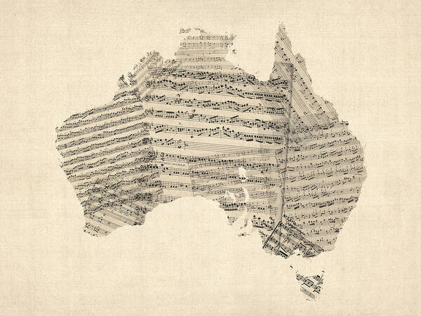 Australia Map Art Print featuring the digital art Old Sheet Music Map of Australia Map by Michael Tompsett