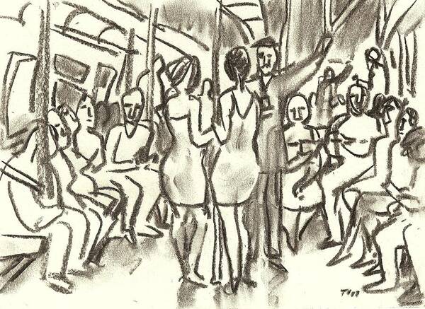 Subway Art Print featuring the drawing On the A, New York City Subway Drawing by Thor Wickstrom