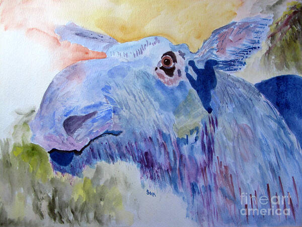 Moose Art Print featuring the painting Once in a Blue Moose by Sandy McIntire