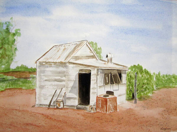  Landscape Art Print featuring the painting Old Miners Hut by Elvira Ingram