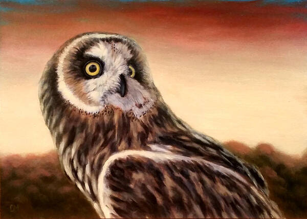 Oil Art Print featuring the painting Owl at Sunset by Linda Merchant