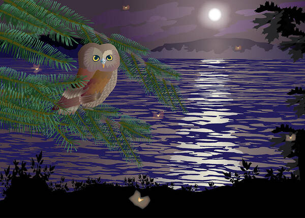 Owl Art Print featuring the painting Owl Perched by the Lake by Marian Federspiel