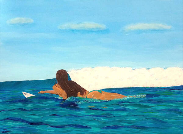 Surf Art Print featuring the painting Paddle Out Surfer Girl by Jenn C Lindquist