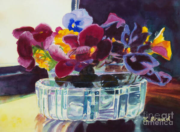 Paintings Art Print featuring the painting Pansies in Crystal Vase  by Kathy Braud