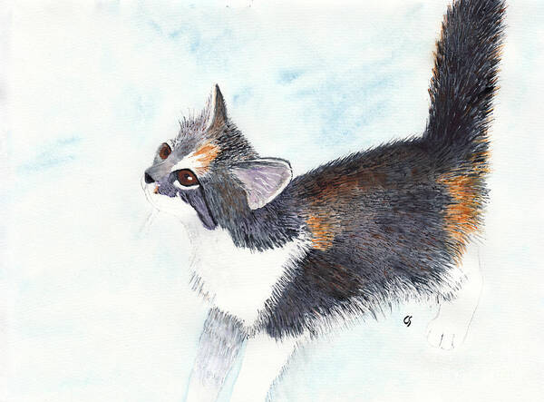 Cat Art Print featuring the painting Calico Barn Cat Watercolor by Conni Schaftenaar