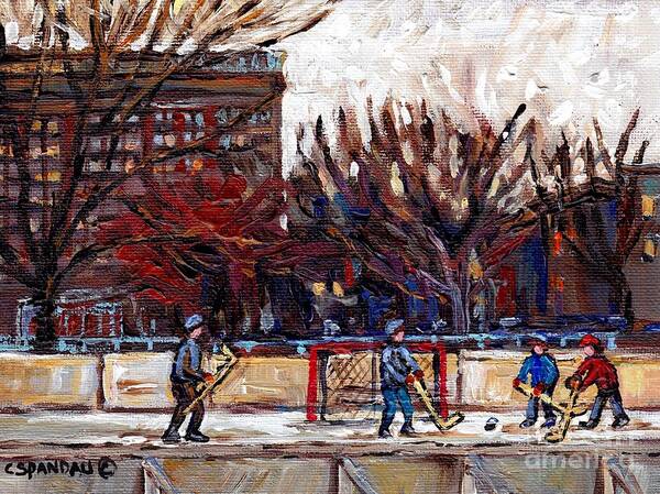 Montreal Art Print featuring the painting Parc Lafontaine Hockey Rink Painting Montreal East Winter City Scene Quebec Art C Spandau by Carole Spandau