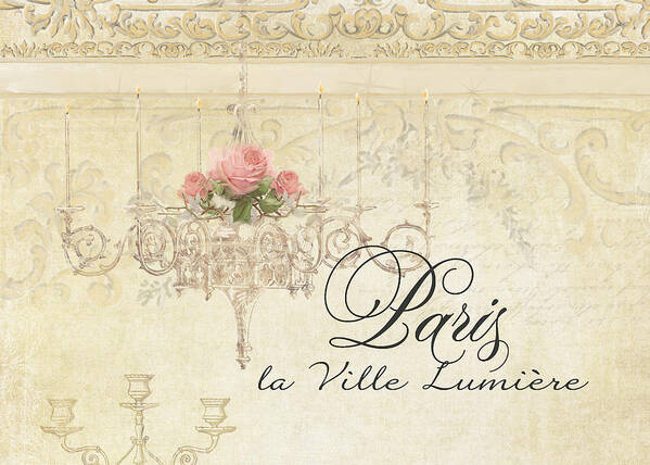 Plaster Walls Art Print featuring the painting Parchment Paris - City of Light Rose Chandelier w Plaster Walls by Audrey Jeanne Roberts