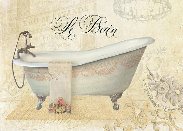 Clawfoot Tub Art Print featuring the painting Parchment Paris - Le Bain Vintage Bathroom by Audrey Jeanne Roberts