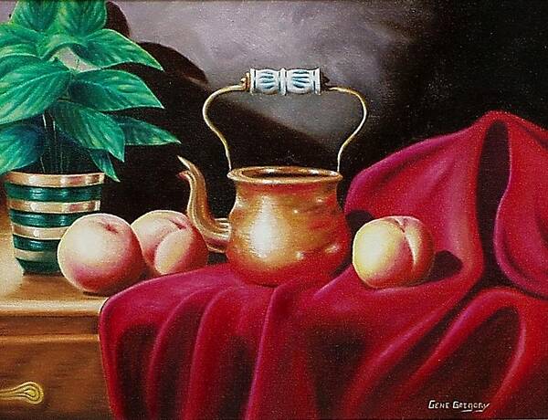 Still Life Art Print featuring the painting Peaches and pot by Gene Gregory