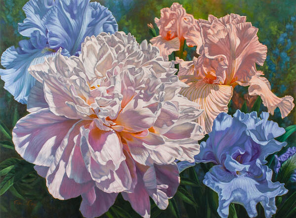 Fiona Craig Art Print featuring the painting Peony and Irises by Fiona Craig