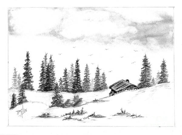 Pine Art Print featuring the drawing Pinetree Cabin by Terri Mills