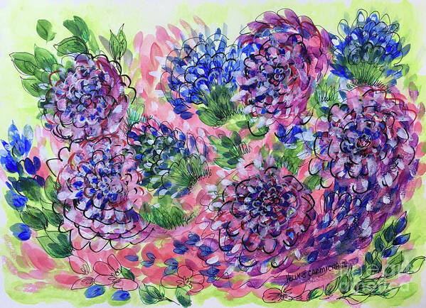 Pink Art Print featuring the painting Pink and Blue Flower Flurry by Holly Carmichael